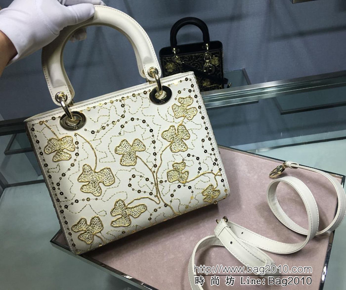 DIOR迪奧 Lady Dior 五格刺繡幸運草 光滑小牛皮 袖珍手提包 可手提亦可肩背或斜挎  zdo1350